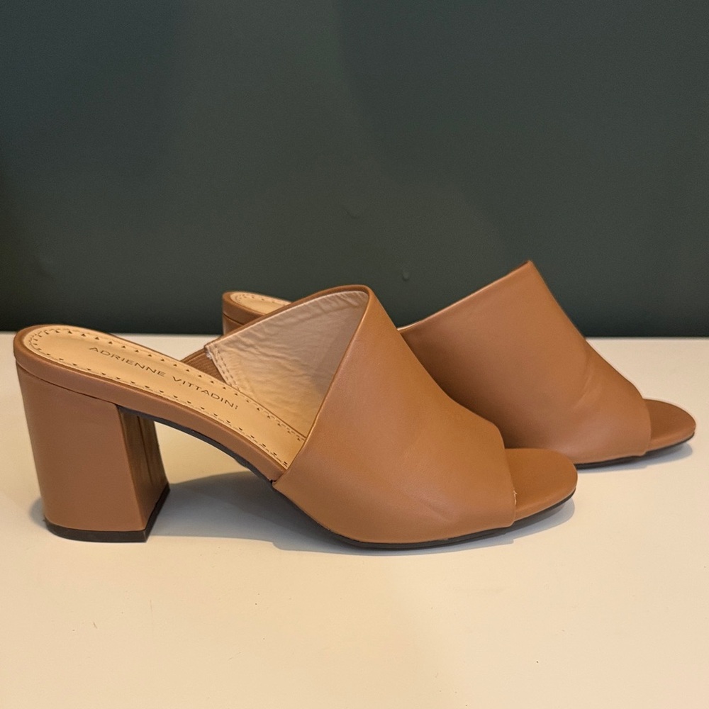 Adrienne Vittadini Camel Open-Toe Mules